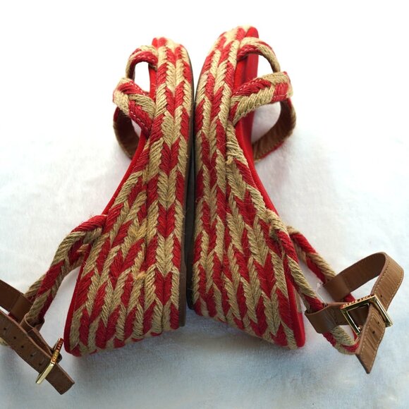 Tory Burch Red Camelia Jute Espadrille‎ Wedge Sandals Size 9.5 - Picture 7 of 8
